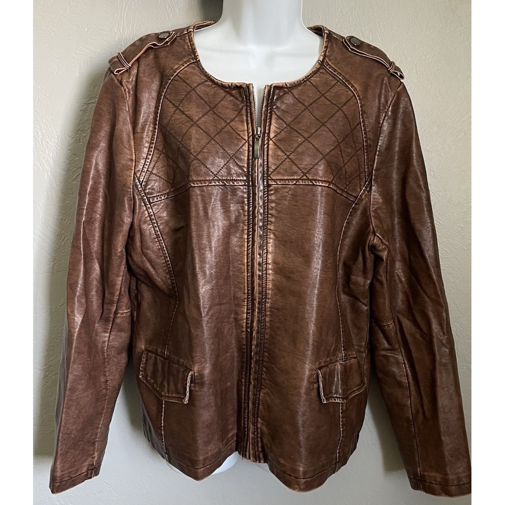 Lisa International Jacket Womens Size XL Brown Faux Leather Distressed Full‎ Zip